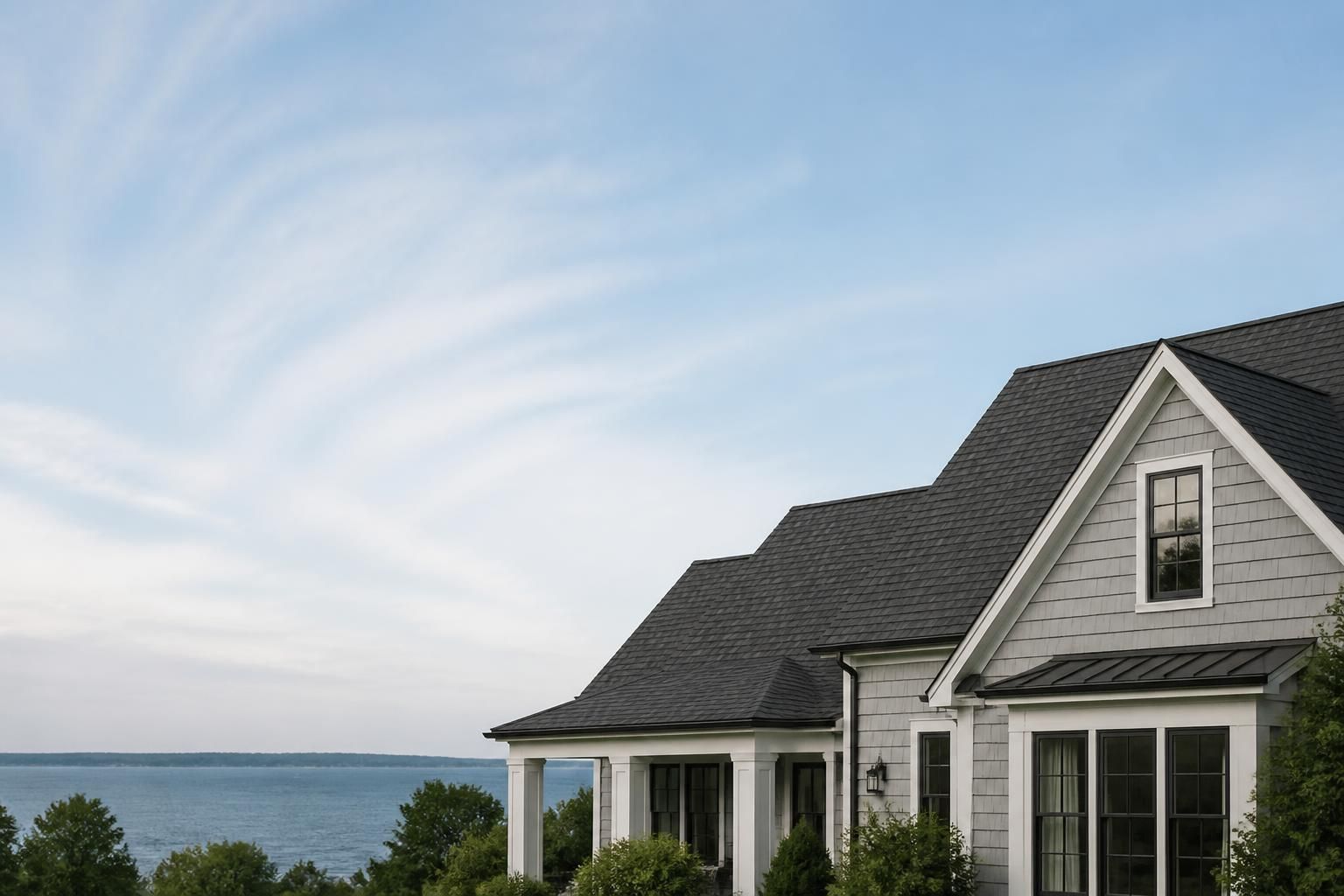 Clean finished residential roof with open sky and space for text